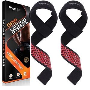 PhysFlex Grip Lifting Straps Padded Wrist Wraps for Weightlifting Deadlift Black